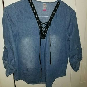 Denim lace up front shirt with sleeve detail